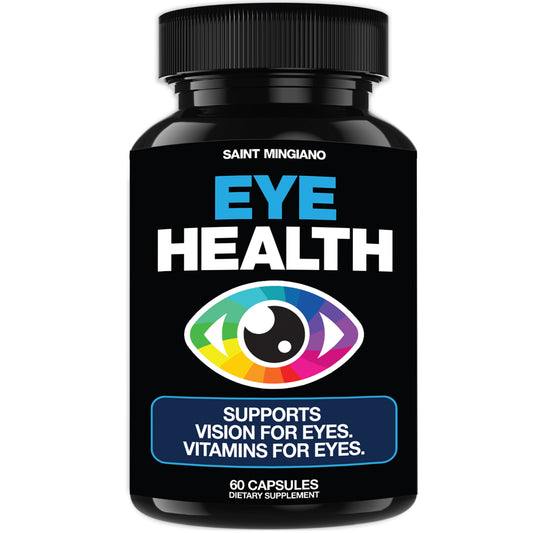 Eye health supplement bottle, black with eye logo and capsule label