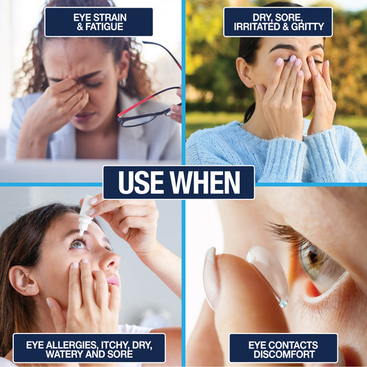 Eye health supplement bottle on right, black with eye logo on label