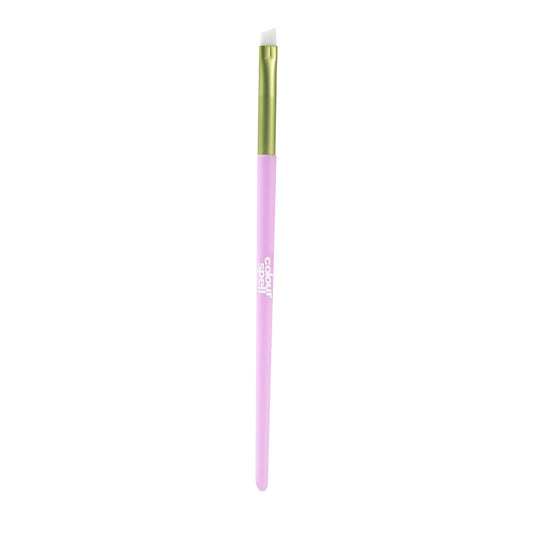 Angled eye makeup brush with pink handle and gold ferrule, angled bristles