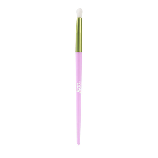 Eye makeup crease brush with white tapered bristles, purple handle, gold ferrule