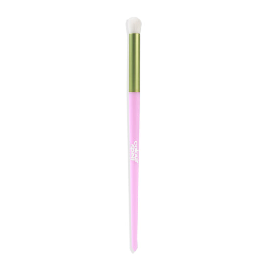 Eye makeup shader brush with pink handle, gold ferrule, and white bristles