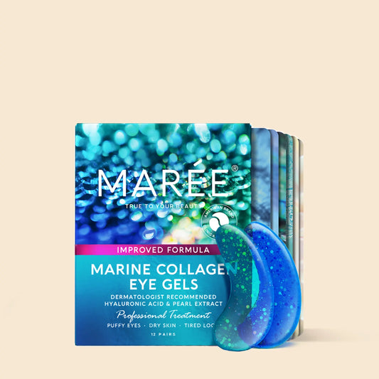 Maree marine collagen eye gel patches box, teal blue packaging