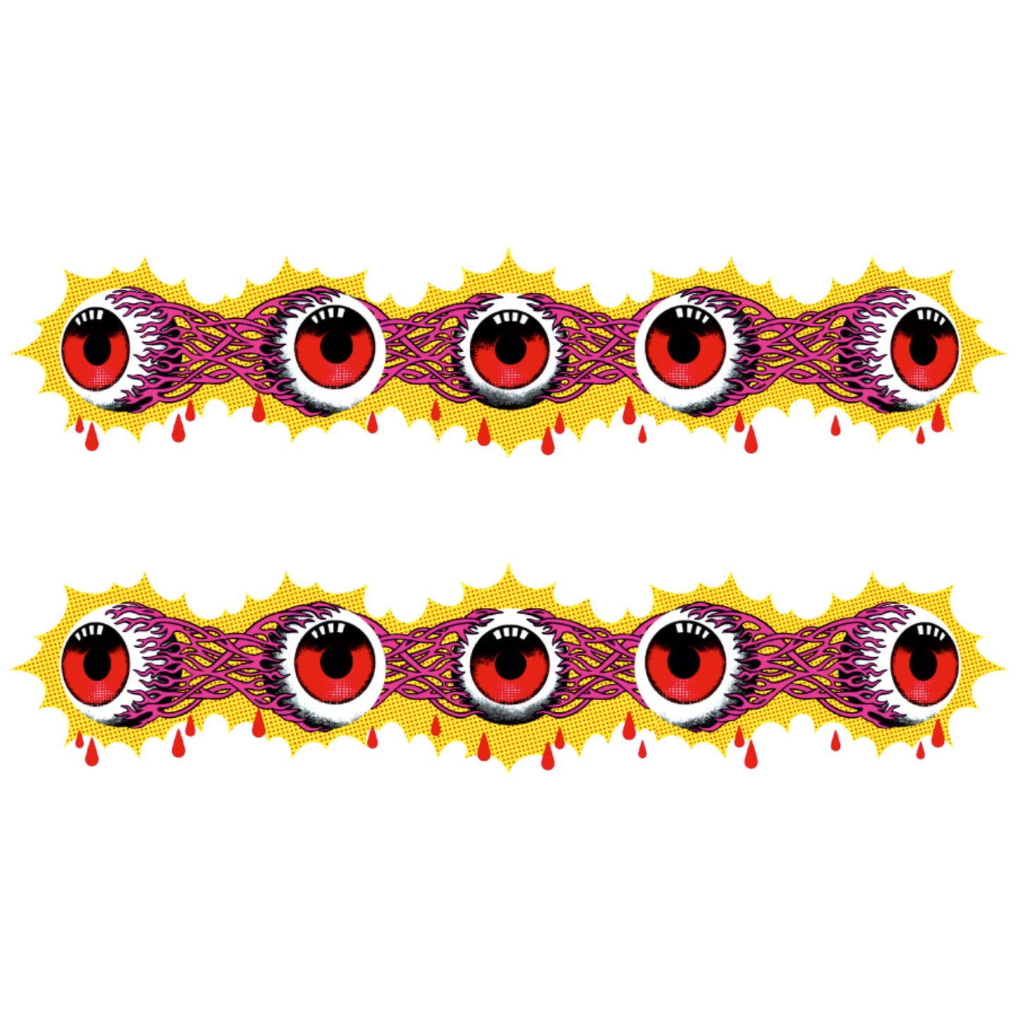 Kids temporary tattoo band with red cartoon eyeballs and purple swirls, two strips