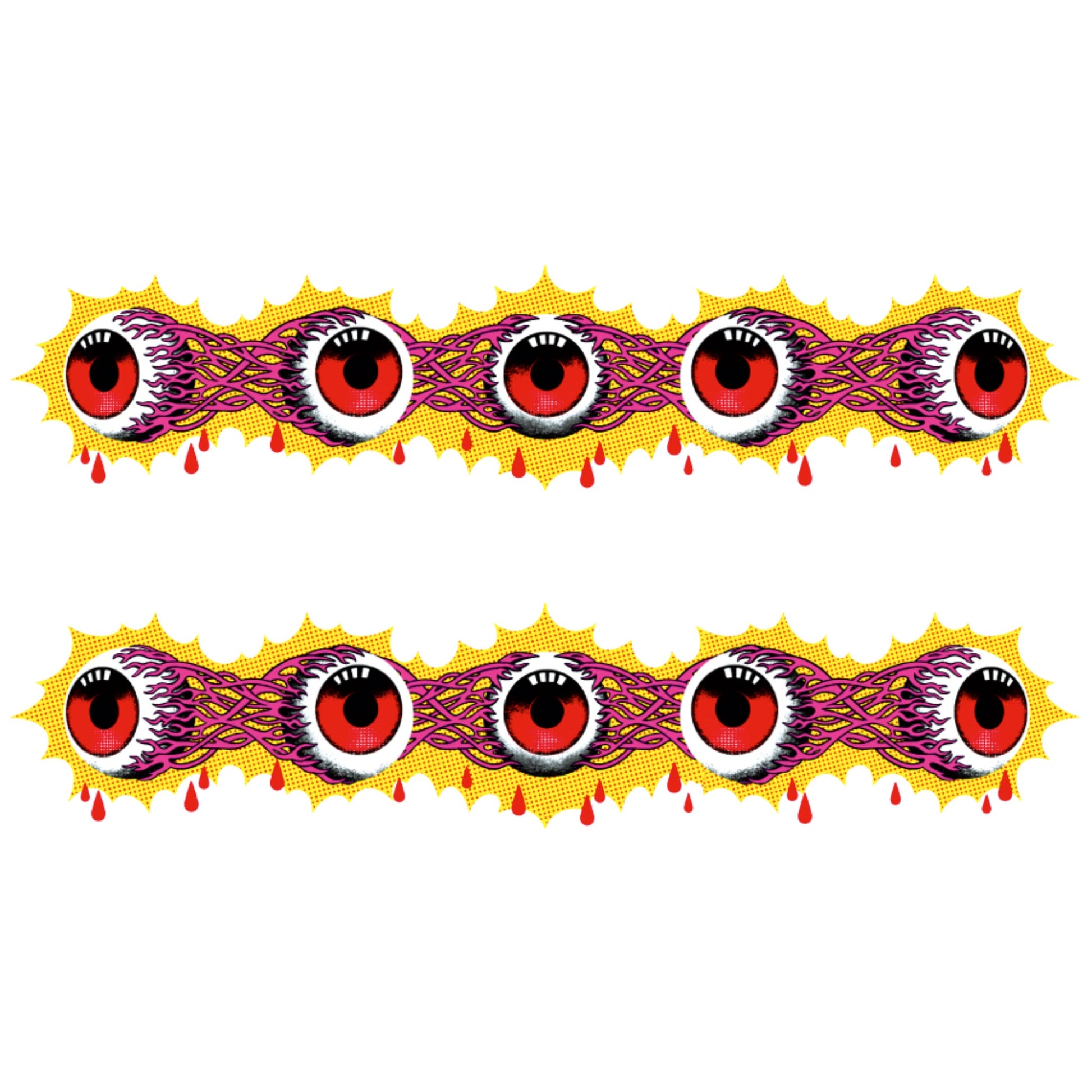 Kids temporary tattoo band with red cartoon eyeballs and purple swirls, two strips