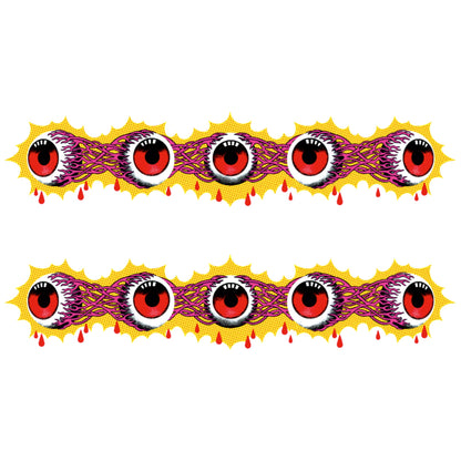 Kids temporary tattoo band with red cartoon eyeballs and purple swirls, two strips