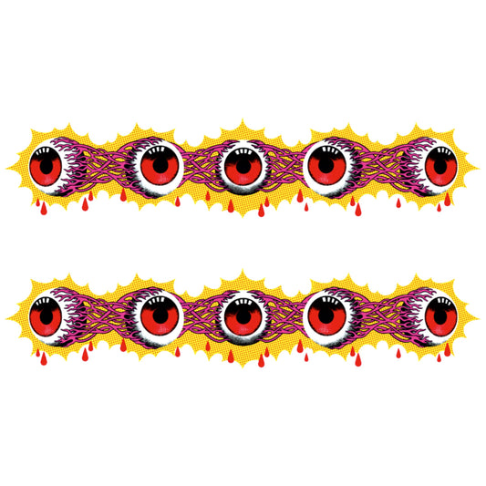 Kids temporary tattoo band with red cartoon eyeballs and purple swirls, two strips