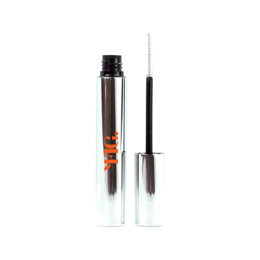 Clear eyebrow gel in clear tube with black cap and wand applicator