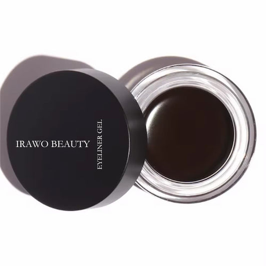 Eyeliner gel jar with open lid, dark gel inside