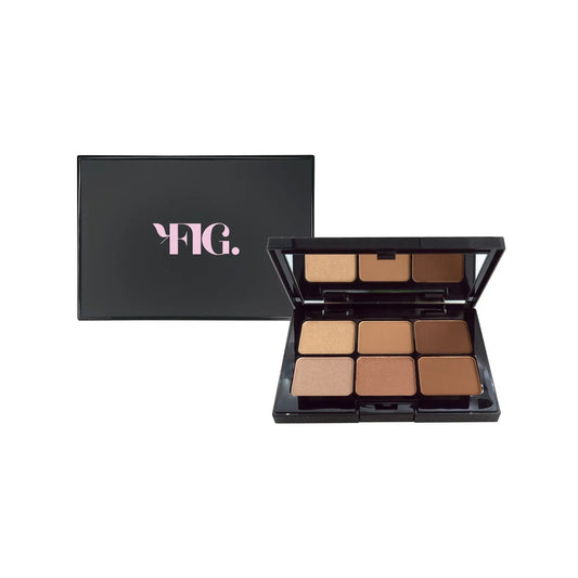 Eyeshadow palette with open lid showing 6 warm caramel-toned matte and shimmer pans