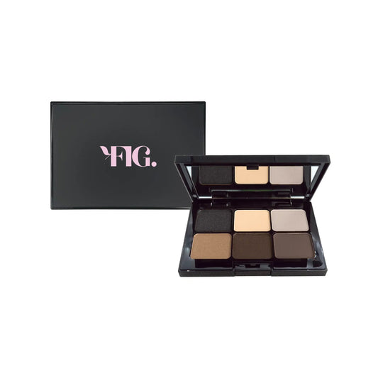 Eyeshadow palette in dark tones, open showing multiple matte and shimmer shades