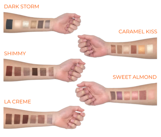Eyeshadow palette swatches on arms, showing multiple tan and brown shades