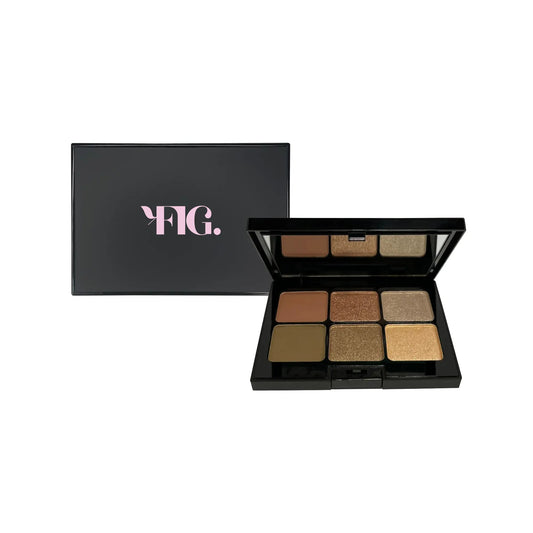 Eyeshadow palette open with six warm neutral matte and shimmer shades in black case