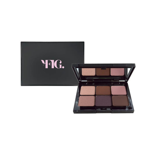 Eyeshadow palette with nine pans in neutral browns, mauves, and soft pinks