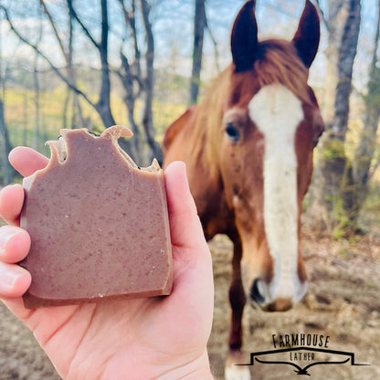 Pasture Patootie bar soap held in a hand; square bar with rounded corners, dark speckles