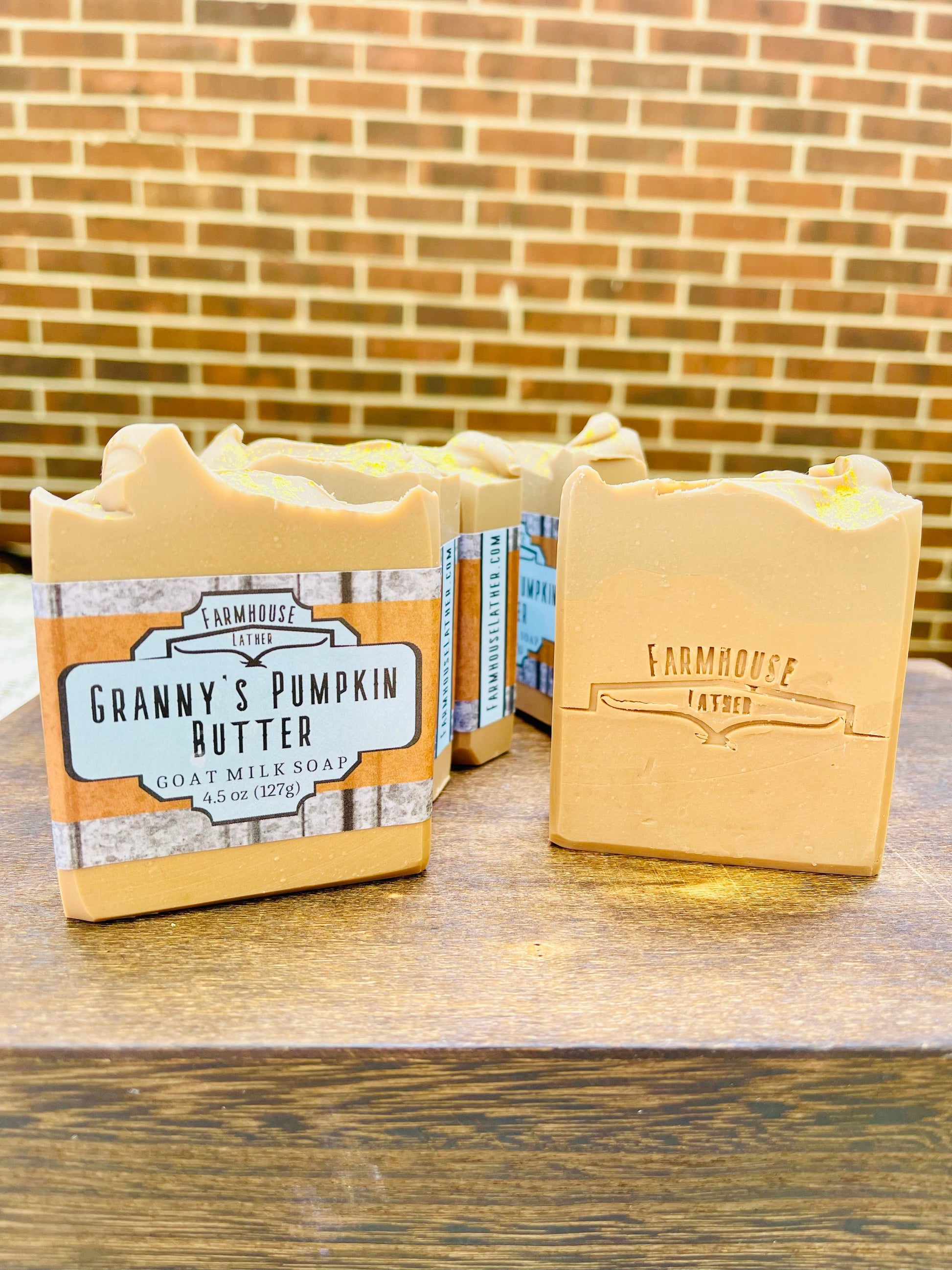 Granny's Pumpkin Butter soap bars with blue label on beige rectangular packages