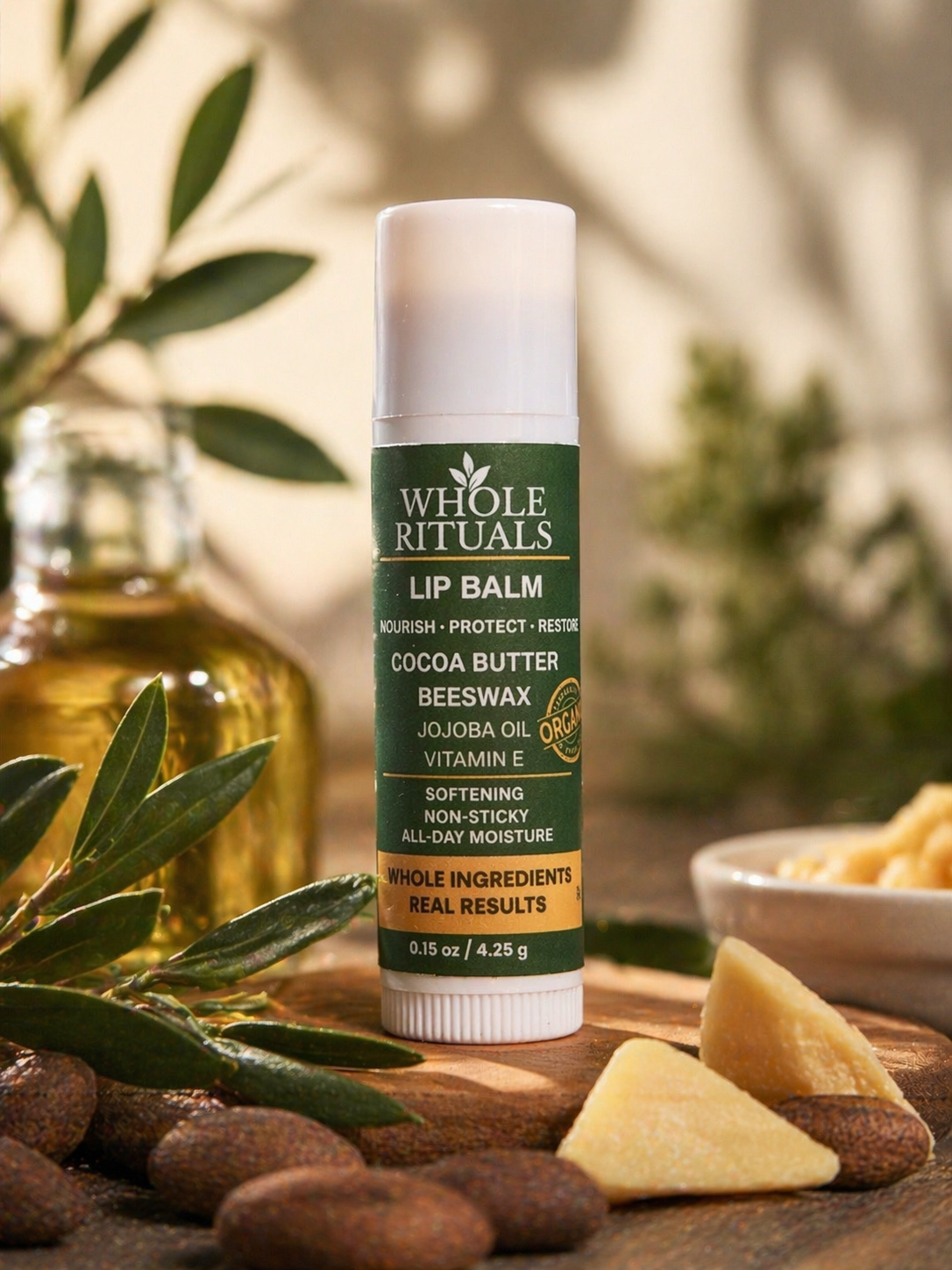 Whole Rituals lip balm stick with green label, surrounded by leaves and cocoa pieces