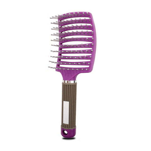 Purple massage hair comb with pin tips and dark gray textured handle