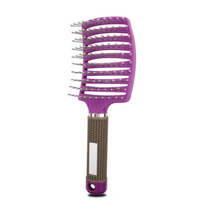 Purple massage hair comb with pin tips and dark gray textured handle