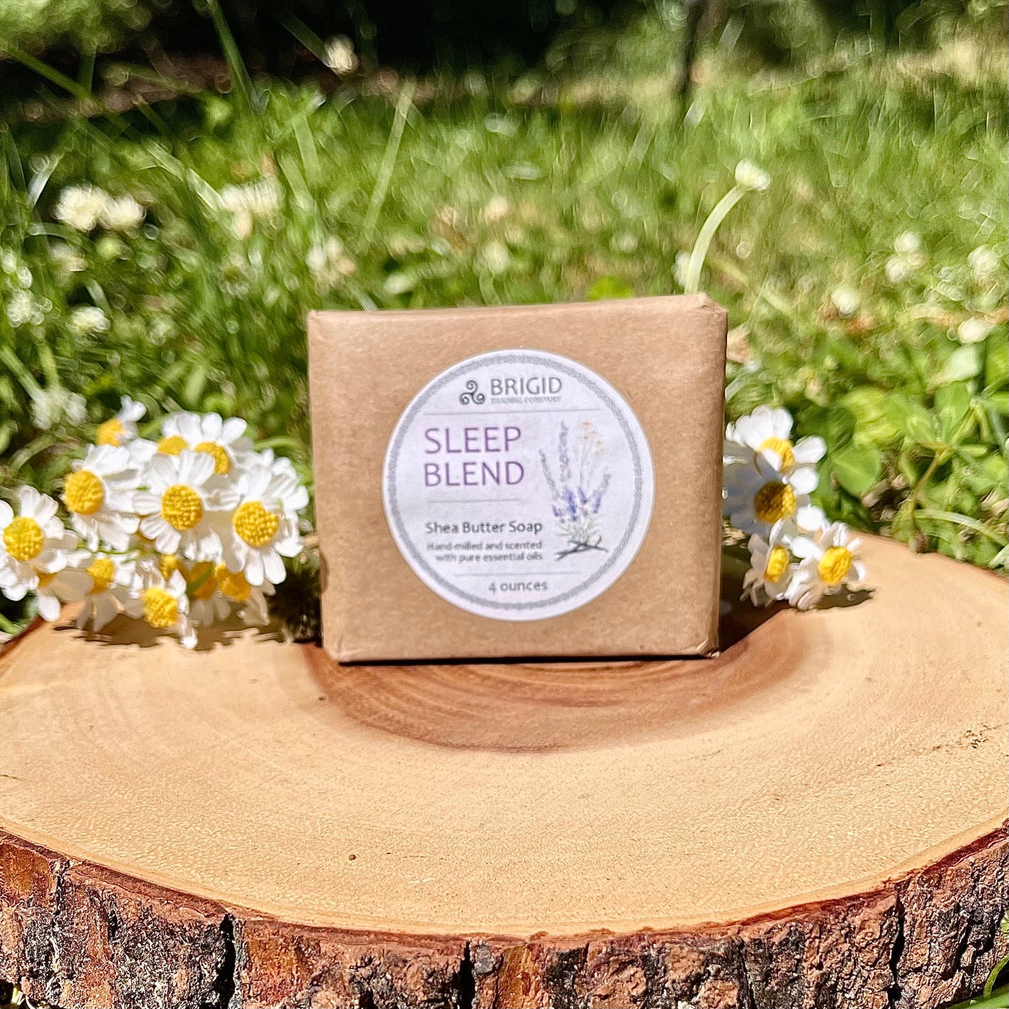 Shea butter soap bar in kraft paper with 'Sleep Blend' label, 4 ounces.