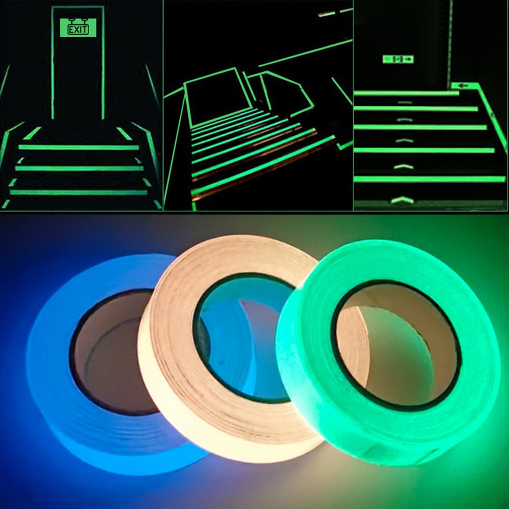 Glow-in-the-dark sticker tape rolls with green and blue glowing strips