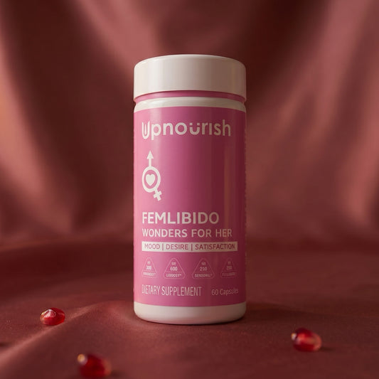 FEMLIBIDO supplement bottle with white cap and pink Upnourish label