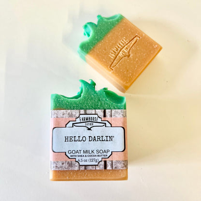 Hello Darlin' goat milk soap bar with teal top and tan textured sides