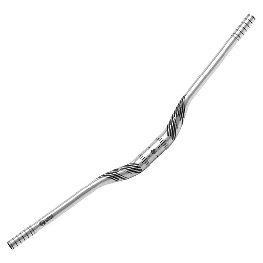 Silver aluminum riser bike handlebar with black graphic strip and bar bend