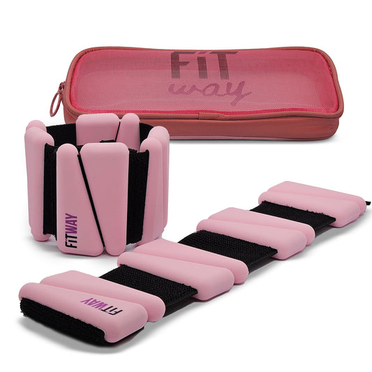 Pink adjustable silicone ankle weights with black webbed straps, 2-piece set