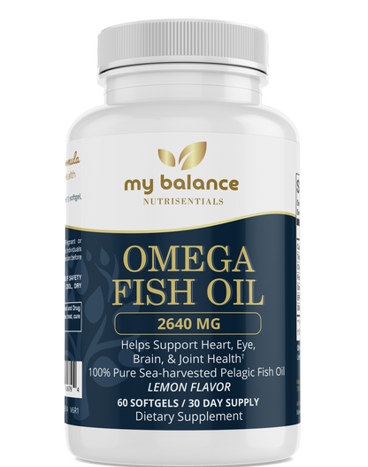 Omega fish oil supplement bottle, lemon flavor label, 60 softgels
