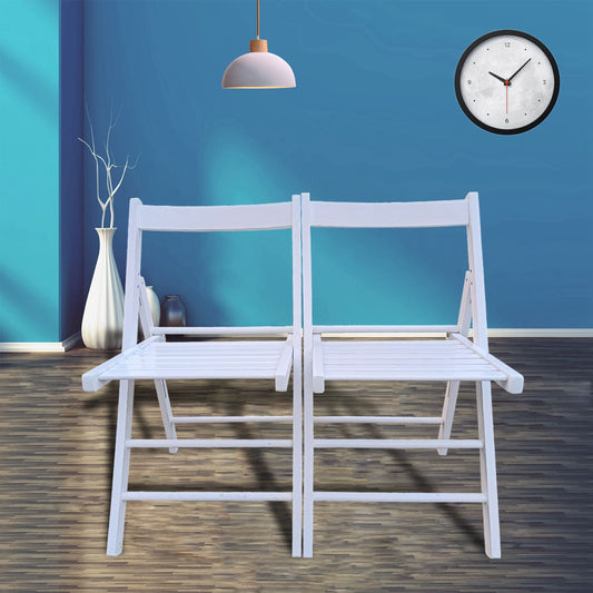 White folding chair with slatted seat and back, armless design