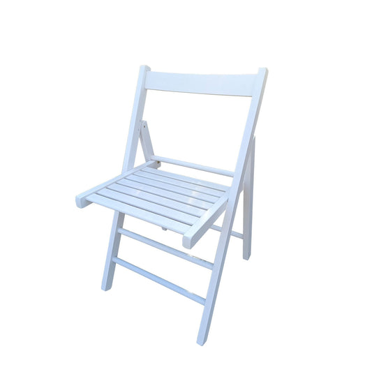 White folding chair, slatted seat and back with side support frame