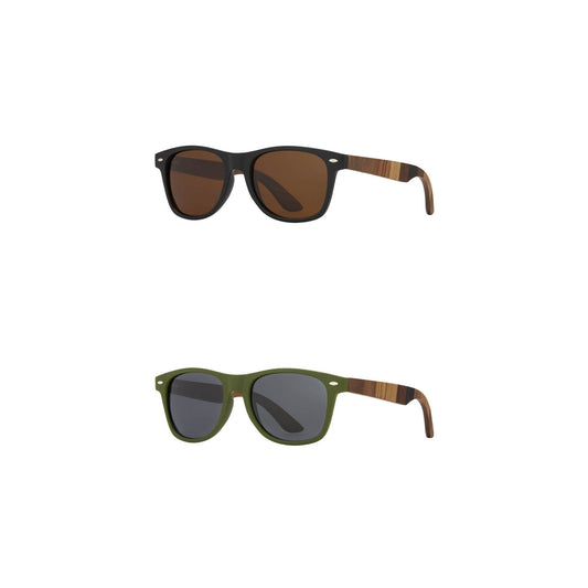 Polarized sunglasses set with black frame, brown lenses, and olive frame, gray lenses