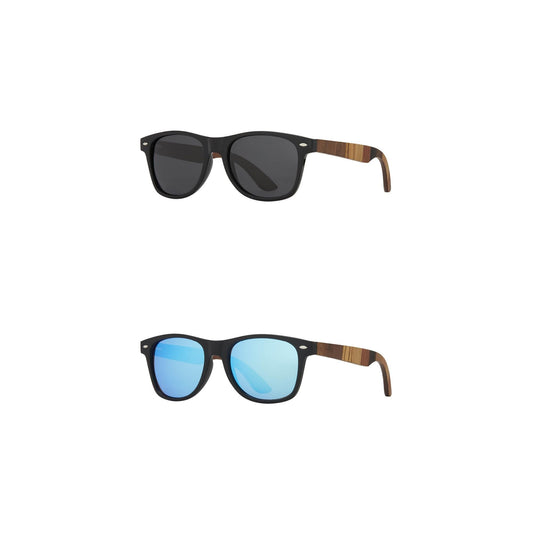 Sunglasses bundle with black and blue lenses, dark frames, wood-look temple tips.