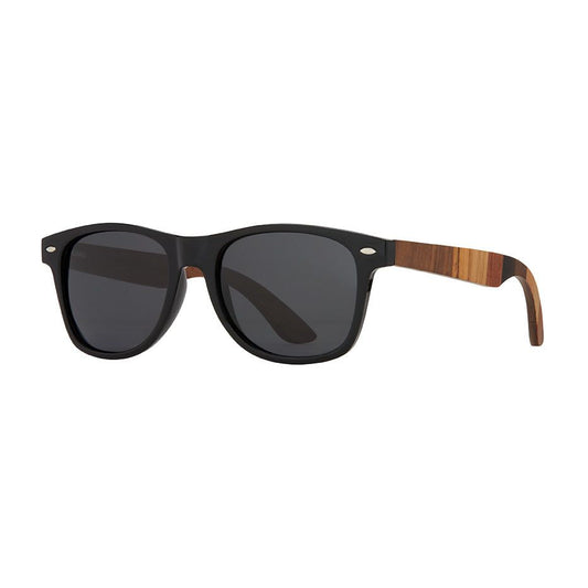 Polarized sunglasses with dark lenses and wood-look arms, black frame.