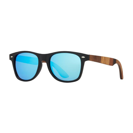 FORREST polarized sunglasses, black frame with brown wooden arms and blue lenses