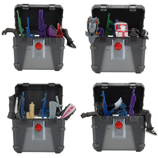 Collectible accessory chest set, open gray box with red button and purple/blue weapons