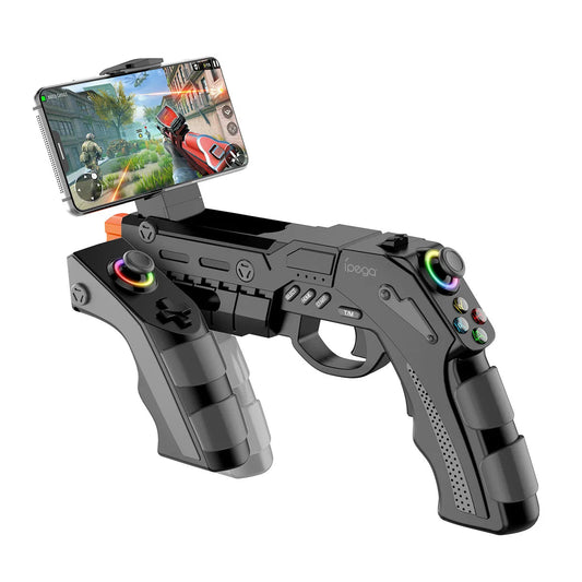 FPS phone game controller with phone holder and black pistol-style grips