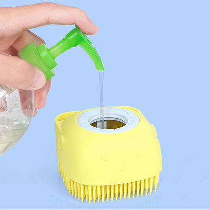 Yellow dog bath brush with circular center opening and short flexible bristles