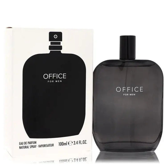 Men's eau de parfum bottle, black cap, 'OFFICE FOR MEN' label, 100 ml