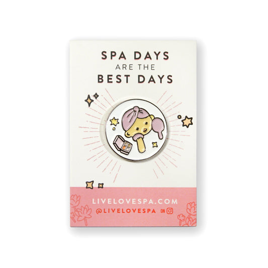 Enamel pin on card: purple girl with shower, Spa Days Best Days theme