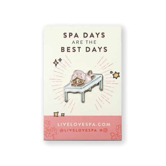 Enamel pin on card: girl on bathtub, Spa Days Best Days theme