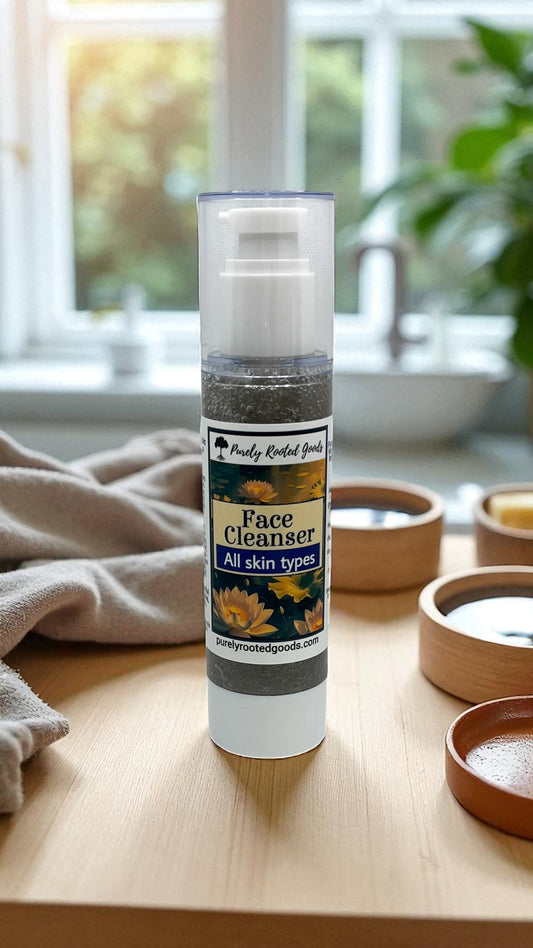 Face cleanser bottle with pump dispenser; all skin types label