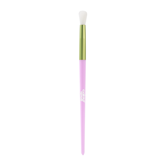 Face makeup blending brush with white bristles and pink-green handle