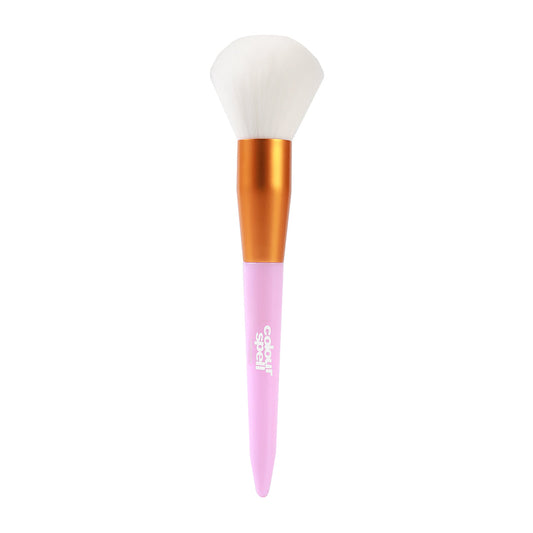 Bronzer face makeup brush with white bristles and pink handle, gold ferrule