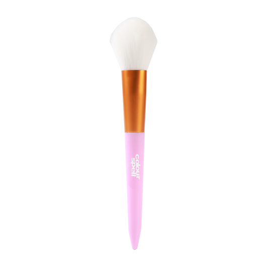 Powder makeup brush with white bristles, pink handle, and orange ferrule