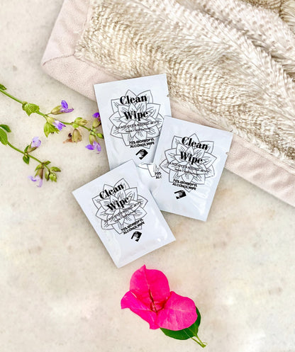 Pedicure cleansing wipes sachets with dried flower accents