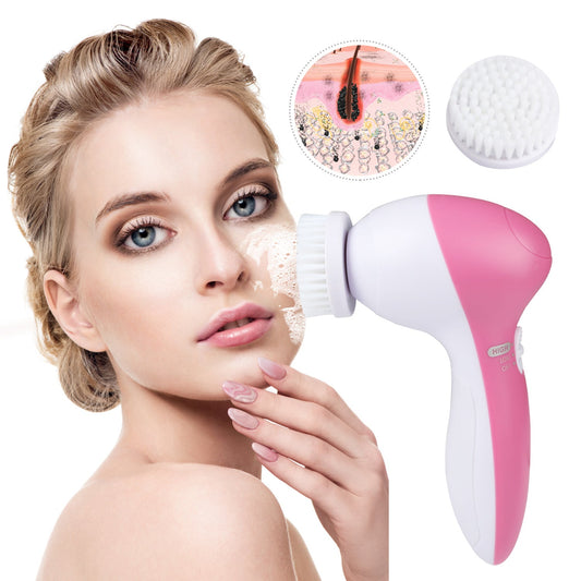 Pink and white electric facial cleansing brush with soft rotating bristle head