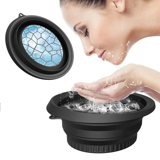 Black facial ice bath bowl filled with ice water
