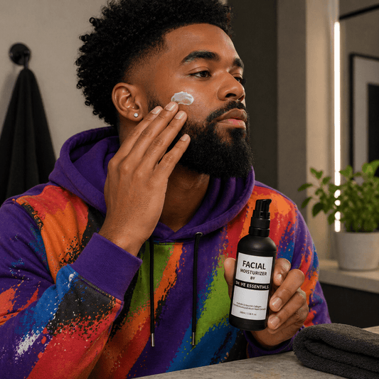 Facial moisturizer on face: man applying cream from spray bottle.