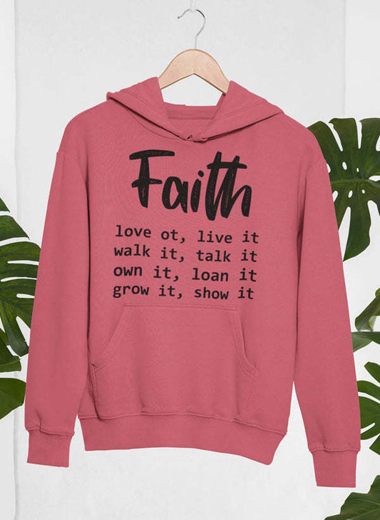 Mauve hoodie with Faith text and motivational quote graphic on front